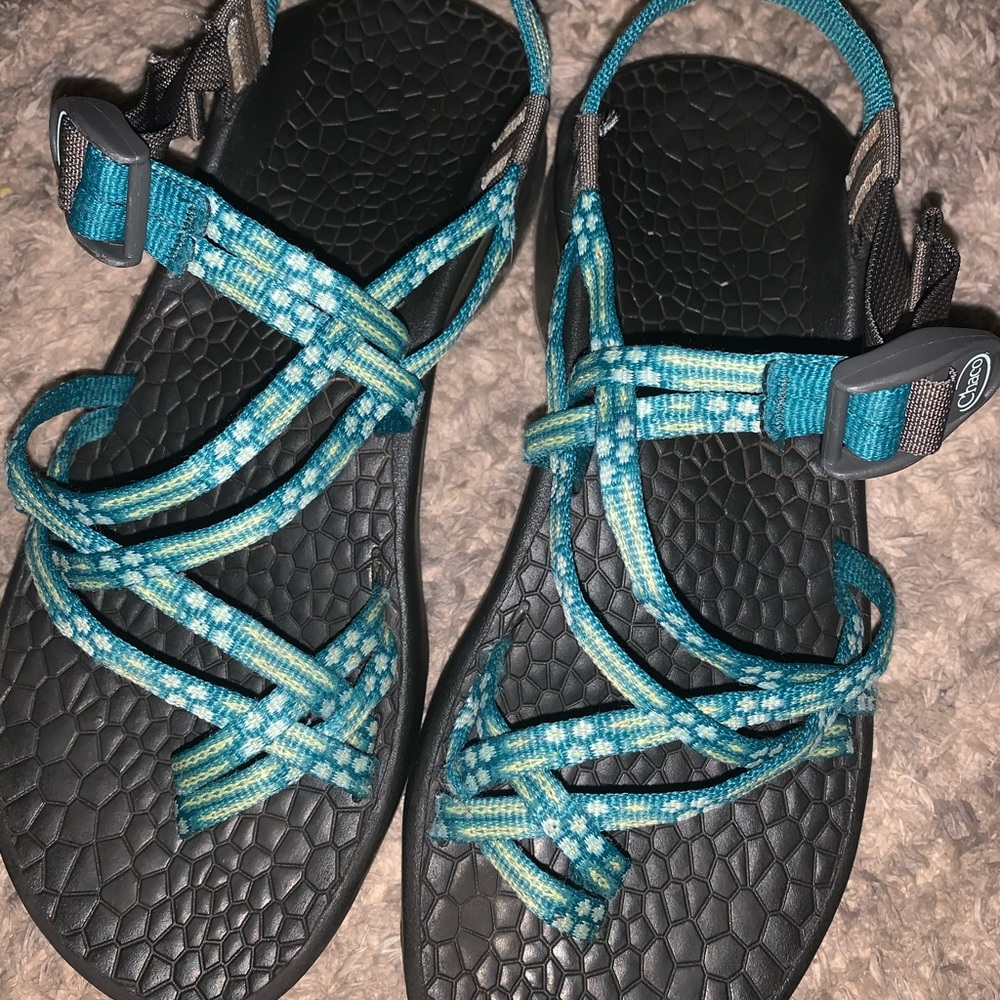 Blue/Green Double Strap Chacos w/ Toe Strap used 9